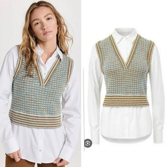 Veronica Beard Serwa mixed knit vest over white poplin blouse XS extra small - Picture 7 of 9
